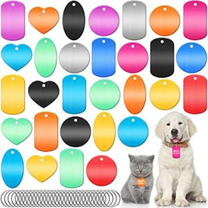 30pcs blank dog tags for engraving, aluminum dog tags with ring for diy decorative craft pendant with hole for pet dog cat name phone number metal stamping tags (round, rectangle, oval, heart)