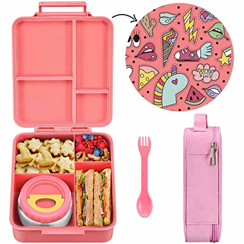 MAISON HUIS Bento Lunch Box for Kids With 8oz Soup Thermos, Leakproof Lunch Compartment Containers with 4 Compartment Bento Box, Thermos Food Jar and Lunch Bag, BPA Free,Travel, School(Vogue Patches)