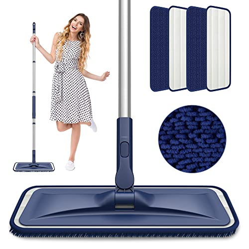 Microfiber Mops for Floor Cleaning - BPAWA Flat Floor Mop Wet Dry Dust Mop for Hardwood Floors Laminate Wood Tile Vinyl Wall Hard Surface, Bathroom Kitchen Mop with 4 Reusable Washable Chenille Pads