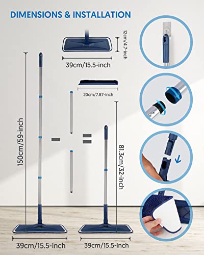 Microfiber Mops for Floor Cleaning - BPAWA Flat Floor Mop Wet Dry Dust Mop for Hardwood Floors Laminate Wood Tile Vinyl Wall Hard Surface, Bathroom Kitchen Mop with 4 Reusable Washable Chenille Pads