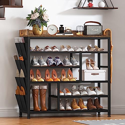 EnHomee Shoe Rack for Entryway, Adjustable 6-Tire Metal Shoe Shelves for 20-24 Pairs,All Metal Structure Shoe Storage Organizer for Entryway, Wood Top, Side Pockets, Shoe Shelf, Rustic Brown and Black