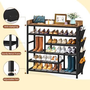 EnHomee Shoe Rack for Entryway, Adjustable 6-Tire Metal Shoe Shelves for 20-24 Pairs,All Metal Structure Shoe Storage Organizer for Entryway, Wood Top, Side Pockets, Shoe Shelf, Rustic Brown and Black