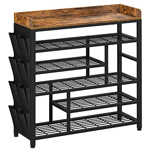 EnHomee Shoe Rack for Entryway, Adjustable 6-Tire Metal Shoe Shelves for 20-24 Pairs,All Metal Structure Shoe Storage Organizer for Entryway, Wood Top, Side Pockets, Shoe Shelf, Rustic Brown and Black