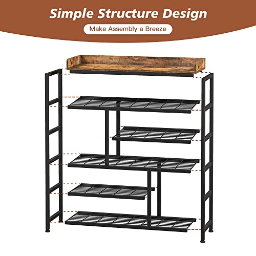 EnHomee Shoe Rack for Entryway, Adjustable 6-Tire Metal Shoe Shelves for 20-24 Pairs,All Metal Structure Shoe Storage Organizer for Entryway, Wood Top, Side Pockets, Shoe Shelf, Rustic Brown and Black