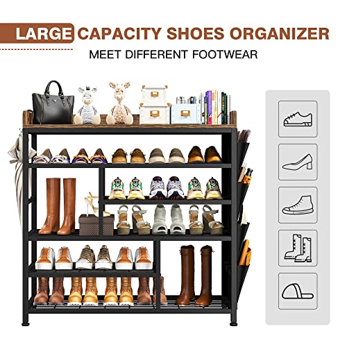 EnHomee Shoe Rack for Entryway, Adjustable 6-Tire Metal Shoe Shelves for 20-24 Pairs,All Metal Structure Shoe Storage Organizer for Entryway, Wood Top, Side Pockets, Shoe Shelf, Rustic Brown and Black