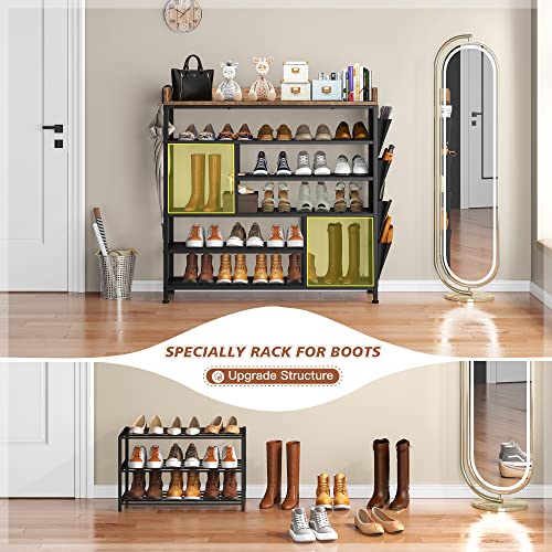 EnHomee Shoe Rack for Entryway, Adjustable 6-Tire Metal Shoe Shelves for 20-24 Pairs,All Metal Structure Shoe Storage Organizer for Entryway, Wood Top, Side Pockets, Shoe Shelf, Rustic Brown and Black