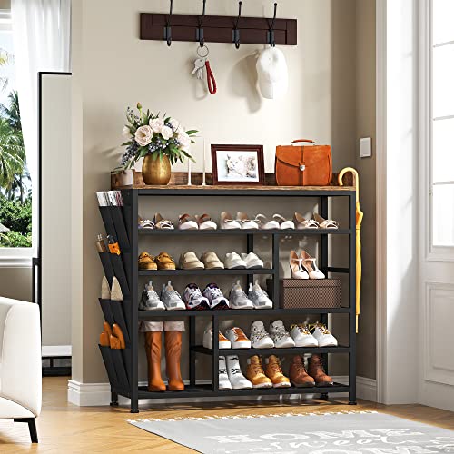 EnHomee Shoe Rack for Entryway, Adjustable 6-Tire Metal Shoe Shelves for 20-24 Pairs,All Metal Structure Shoe Storage Organizer for Entryway, Wood Top, Side Pockets, Shoe Shelf, Rustic Brown and Black