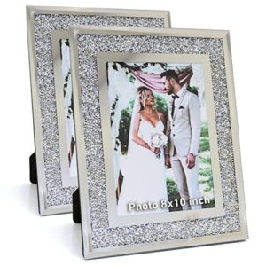 sw saint wino 8x10 picture frame set, wedding picture frame and family pictures ideal for gifts, crystal silver glass photo frame, crushed diamonds 2 piece pack for tabletop display.