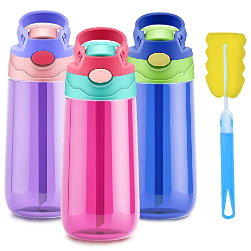 ROISDIYI Kids Water Bottle with Straw Spill Proof Toddler Water Bottles for School 16 OZ 3 Pack, Ideal for Travel and Activities, Easy Clean and Dishwasher Safe Press The Button For Pop Up Straw