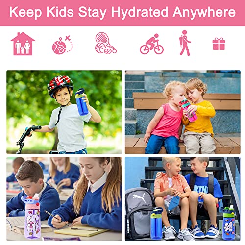 ROISDIYI Kids Water Bottle with Straw Spill Proof Toddler Water Bottles for School 16 OZ 3 Pack, Ideal for Travel and Activities, Easy Clean and Dishwasher Safe Press The Button For Pop Up Straw