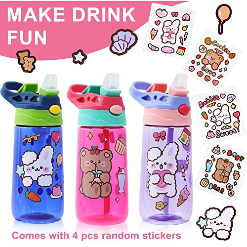 ROISDIYI Kids Water Bottle with Straw Spill Proof Toddler Water Bottles for School 16 OZ 3 Pack, Ideal for Travel and Activities, Easy Clean and Dishwasher Safe Press The Button For Pop Up Straw