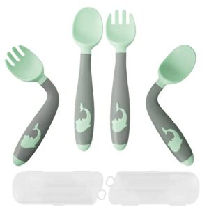 baby utensils spoons forks sets with travel safe case, easy grip heat resistant bendable bpa free toddler feeding training utensils sets (2pack,green)