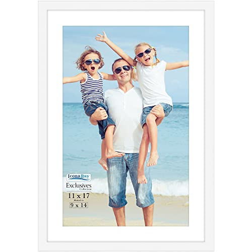 Icona Bay 11x17 White Picture Frame with Mat to 9x14 Image, Sturdy Wood Composite Poster Frame, Wall Mount Only, Modern Style Frames, Exclusives Collection