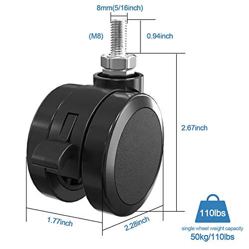 Joy Seeker Stem Caster Wheels Set of 4, 2 Inch Nylon Threaded Swivel Caster with 5/16 Inch Stem, M8 Stem Casters Replacement for Standing Desk, 2 Wheels with Locking Brake, Each Load Capacity 110lbs