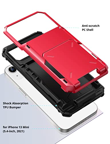 TITACUTE for iPhone 13 Mini Case Wallet 5 Credit Card Holder Flip Cover Design ID Slot Back Pocket Dual Layer Anti-Scratch Hard Shell Hybrid Protective Bumper for iPhone 13 Mini 5.4 Red