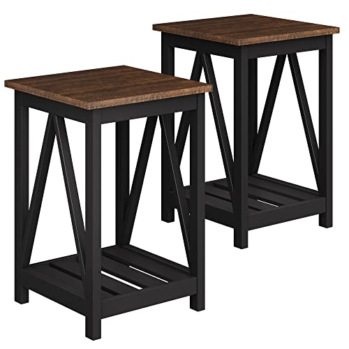 ChooChoo Farmhouse End Table, Rustic Vintage End Side Table with Storage Shelf for Small Spaces, Nightstand Sofa Table for Living Room, Bedroom Black 2 Pack