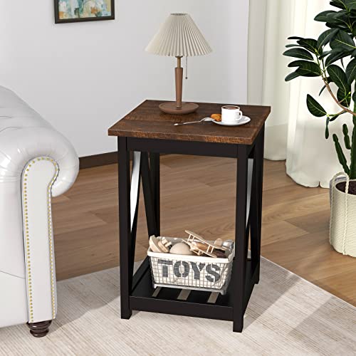 ChooChoo Farmhouse End Table, Rustic Vintage End Side Table with Storage Shelf for Small Spaces, Nightstand Sofa Table for Living Room, Bedroom Black 2 Pack