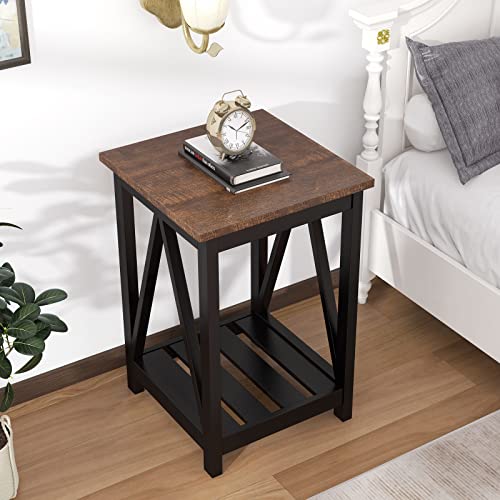 ChooChoo Farmhouse End Table, Rustic Vintage End Side Table with Storage Shelf for Small Spaces, Nightstand Sofa Table for Living Room, Bedroom Black 2 Pack