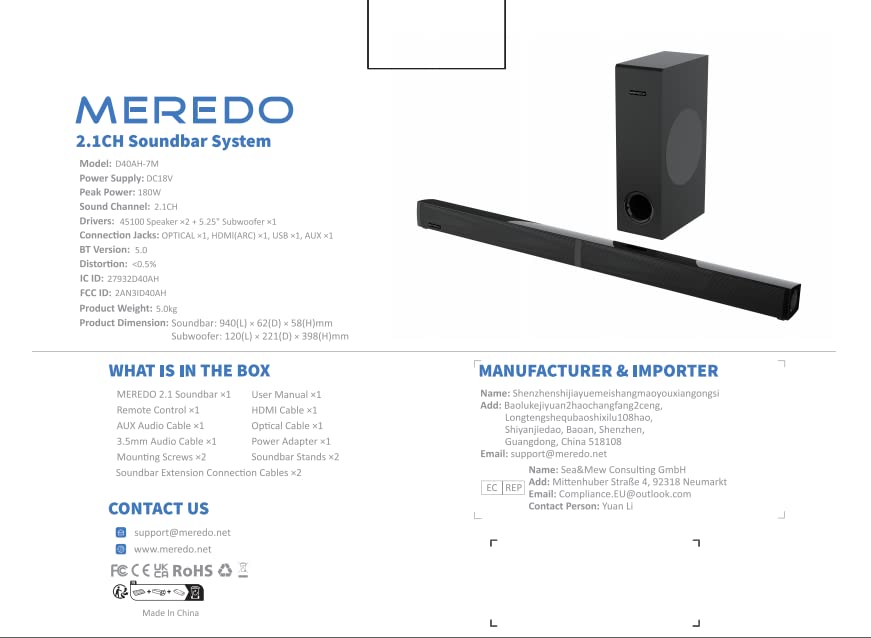 MEREDO Sound bar with Subwoofer 180W Detachable 2 in 1 Sound Bars for TV 2.1CH Treble & Bass Adjust 5 EQ Modes ARC/Optical/AUX/Bluetooth 12L Deep Bass for Home Theater Wall Mount-37 Inch
