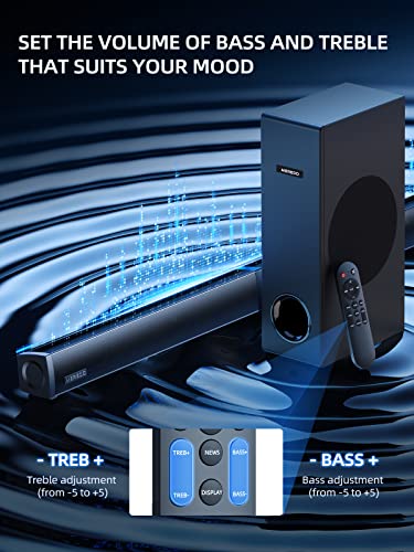 MEREDO Sound bar with Subwoofer 180W Detachable 2 in 1 Sound Bars for TV 2.1CH Treble & Bass Adjust 5 EQ Modes ARC/Optical/AUX/Bluetooth 12L Deep Bass for Home Theater Wall Mount-37 Inch