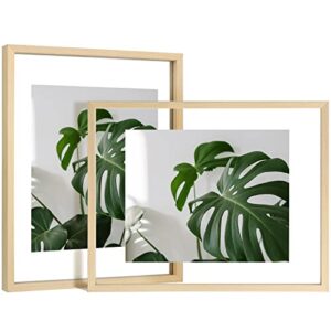 egofine 11x14 floating frames set of 2, double glass picture frame, made of solid wood display any size photo up to 11x14, wall mount or tabletop standing, natural wood