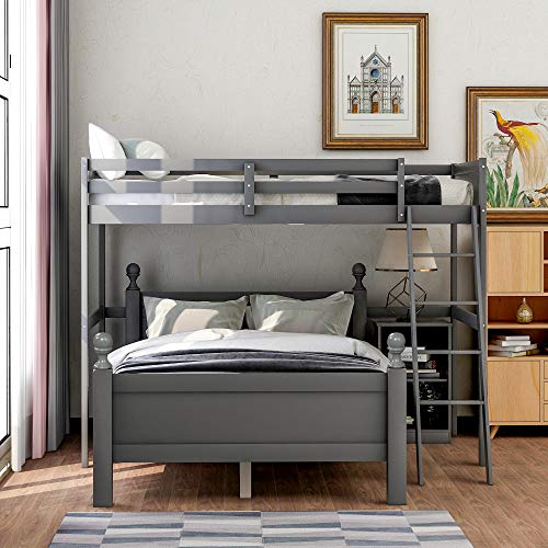 GLORHOME Twin Over Full Loft Bunk Bed Frame for Kids & Adults with Storage Cabinet and Ladder, Functional Solid Pine Wood Bedframe, No Spring Box Needed