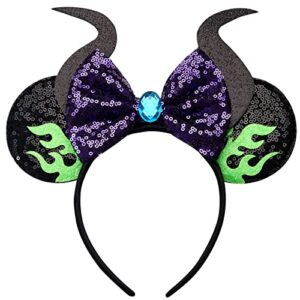 RAZKO Maleficent Horns Minnie Ears Headband, Sequin Halloween Mickey Ears Headband Mouse ears Headband for Women Girls Hair Accessories, Pick Your Color(Flaming Maleficent)