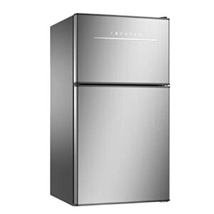 frestec mini fridge with frezzer,3.2 cu.ft mini fridge for bedroom,small refrigerators,2 door compact refrigerator 37db quiet,7-settings mechanical thermostat,led lights for dorm, office, apartment (stainless steel)