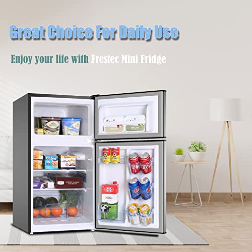 Frestec Mini Fridge with Frezzer,3.2 Cu.Ft Mini Fridge for Bedroom,Small Refrigerators,2 Door Compact Refrigerator 37dB Quiet,7-Settings Mechanical Thermostat,LED Lights for Dorm, Office, Apartment (Stainless Steel)