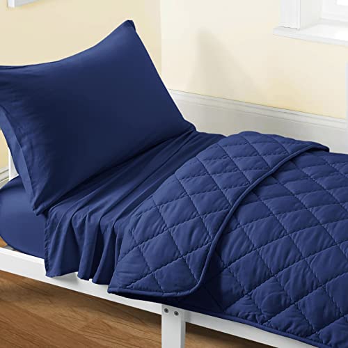 FLXXIE 4 Pieces Microfiber Toddler Bedding Set, Super Soft and Breathable Crib Sheet Set, Includes Quilted Comforter, Flat Top Sheet, Fitted Sheet, Envelope Pillow Case for Boys and Girls, Navy Blue