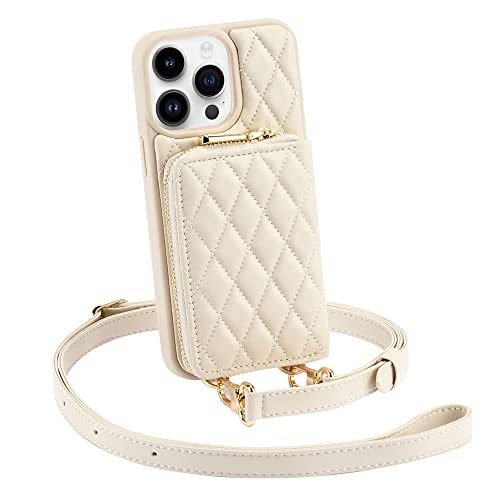 LAMEEKU Compatible with iPhone 14 Pro Wallet Case, Card Holder Case for Women Crossbody Purse Case Quilted Leather for Women RFID Case Compatible with iPhone 14 Pro, 6.1 Inch-Beige (2022)