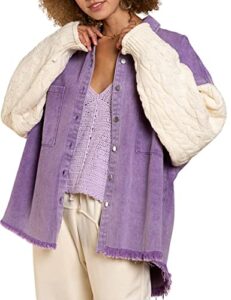 chiyeekiss women's oversized patchwork jean jacket distressed fringed hem denim jacket sweater long sleeves shacket jacket(0028-lightpurple-m)
