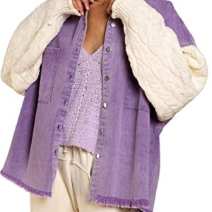 ChiyeeKiss Women's Oversized Patchwork Jean Jacket Distressed Fringed Hem Denim Jacket Sweater Long Sleeves Shacket Jacket(0028-LightPurple-M)