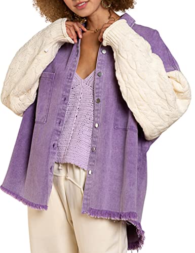 ChiyeeKiss Women's Oversized Patchwork Jean Jacket Distressed Fringed Hem Denim Jacket Sweater Long Sleeves Shacket Jacket(0028-LightPurple-M)