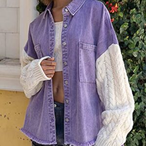 ChiyeeKiss Women's Oversized Patchwork Jean Jacket Distressed Fringed Hem Denim Jacket Sweater Long Sleeves Shacket Jacket(0028-LightPurple-M)