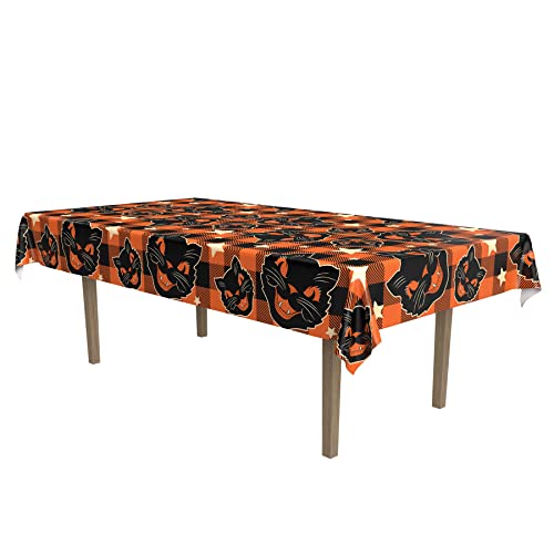 Beistle Fabric Black Cat Vintage Halloween Tablecover, 55” x 90.5” – Polyester Table Cloth, Rectangular Tablecloth, Holiday Tablecloth, Halloween Fabric Tablecloth, Halloween Decorations