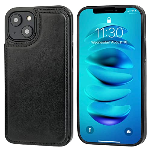 ONETOP Compatible with iPhone 14 Wallet Case with Card Holder, PU Leather Kickstand Card Slots Case, Double Magnetic Clasp and Durable Shockproof Cover 6.1 Inch (Black)