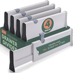 adjustable drawer dividers, [4 pack] adjusting length from 11 inch - 17 inch. tall drawer organizers for clothes, locks in place, use for bedrooms, bathroom, kitchen & office organization and storage.