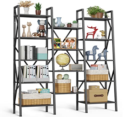 Gizoon Modern Triple Wide 5 Tiers Bookshelf with Storage,Industrial Bookcase with 14 Open Display Shelves, Large Etagere for Living Room/Home/Office-Black