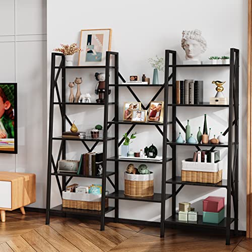 Gizoon Modern Triple Wide 5 Tiers Bookshelf with Storage,Industrial Bookcase with 14 Open Display Shelves, Large Etagere for Living Room/Home/Office-Black