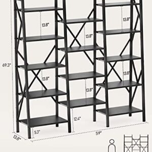 Gizoon Modern Triple Wide 5 Tiers Bookshelf with Storage,Industrial Bookcase with 14 Open Display Shelves, Large Etagere for Living Room/Home/Office-Black