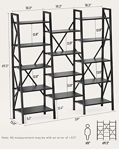 Gizoon Modern Triple Wide 5 Tiers Bookshelf with Storage,Industrial Bookcase with 14 Open Display Shelves, Large Etagere for Living Room/Home/Office-Black