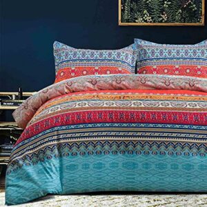 duvet cover king size - boho blue red retro colorful striped printed pattern reversible microfiber comforter cover set - 3pc 104 x 90 soft quilt cover, bohemian luxury exotic style for women men