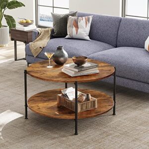 WLIVE Round Coffee Table, Living Room Table with 2-Tier Storage Shelf, 32in Wood Modern Coffee Table with Metal Frame and Wood Desktop,Easy Assembly, Rustic Brown.