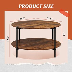 WLIVE Round Coffee Table, Living Room Table with 2-Tier Storage Shelf, 32in Wood Modern Coffee Table with Metal Frame and Wood Desktop,Easy Assembly, Rustic Brown.