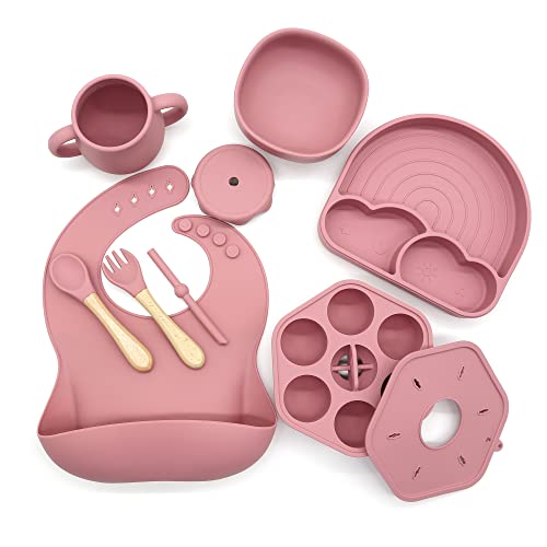 Rayshie 7pcs Baby Silicone Feeding Set 6-Hole Silicone Children's Food Supplement Box Silicone Bib Toddler Bowl Straw Cup with Suction Baby Plate Fork&Spoon Baby Eating Supplies Baby Gifts BPA Free