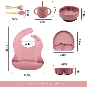 Rayshie 7pcs Baby Silicone Feeding Set 6-Hole Silicone Children's Food Supplement Box Silicone Bib Toddler Bowl Straw Cup with Suction Baby Plate Fork&Spoon Baby Eating Supplies Baby Gifts BPA Free