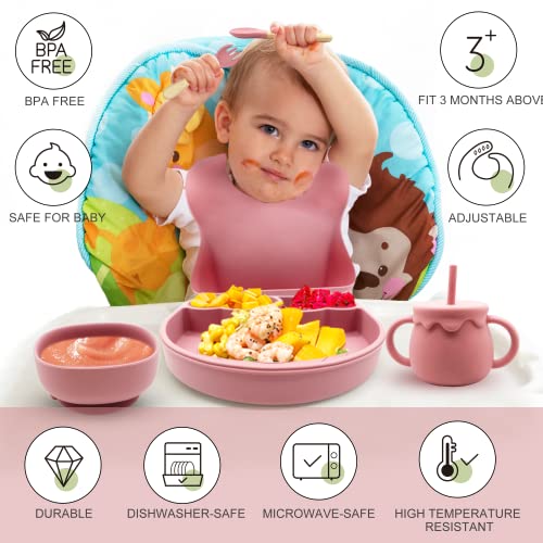 Rayshie 7pcs Baby Silicone Feeding Set 6-Hole Silicone Children's Food Supplement Box Silicone Bib Toddler Bowl Straw Cup with Suction Baby Plate Fork&Spoon Baby Eating Supplies Baby Gifts BPA Free