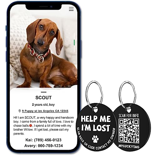 MYLUCKYTAG Stainless Steel QR Code Pet ID Tags Dog Tags - Pet Online Profile - Scan QR Receive Instant Pet Location Alert Email