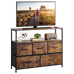 wlive dresser tv stand, entertainment center with fabric drawers, media console table with open shelves for tv up to 45 inch, storage drawer unit for bedroom, living room, entryway, rustic brown